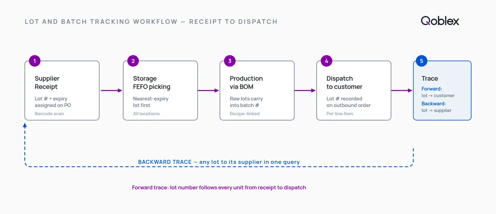 Diagram showing the lot tracking workflow for a food business: lot number assigned at supplier receipt, FEFO order applied in storage, raw-ingredient lots carried through production via BOM, lot recorded at dispatch, and full forward and backward trace available on demand.
