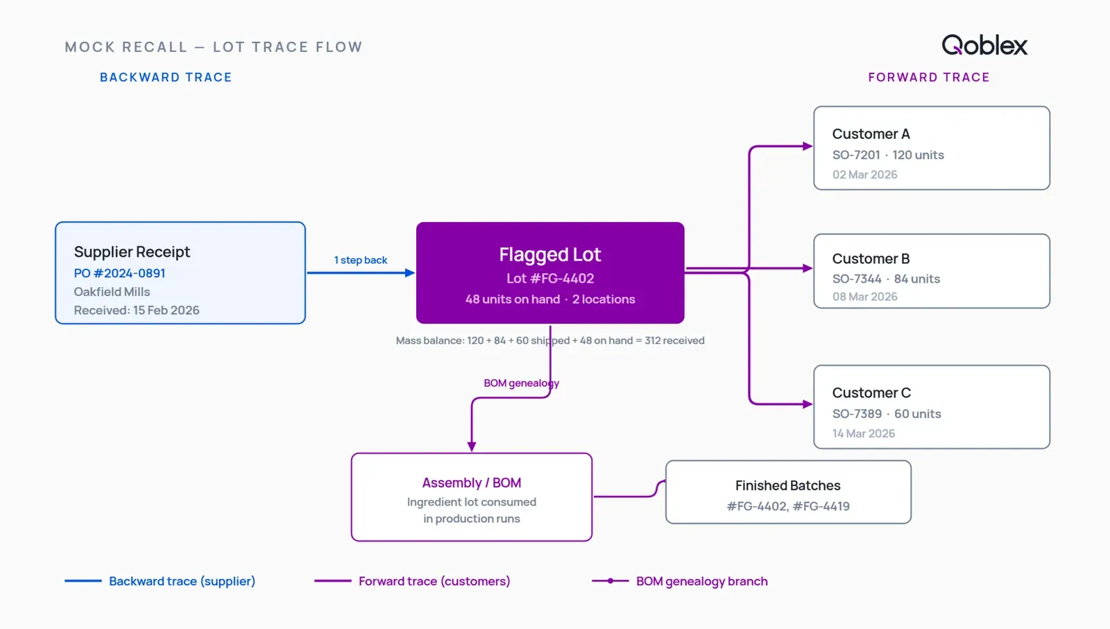 Diagram of a food recall trace: a lot number branches backward to a supplier receipt and forward to customer shipments, with a secondary branch showing BOM genealogy linking the ingredient lot to finished production batches.