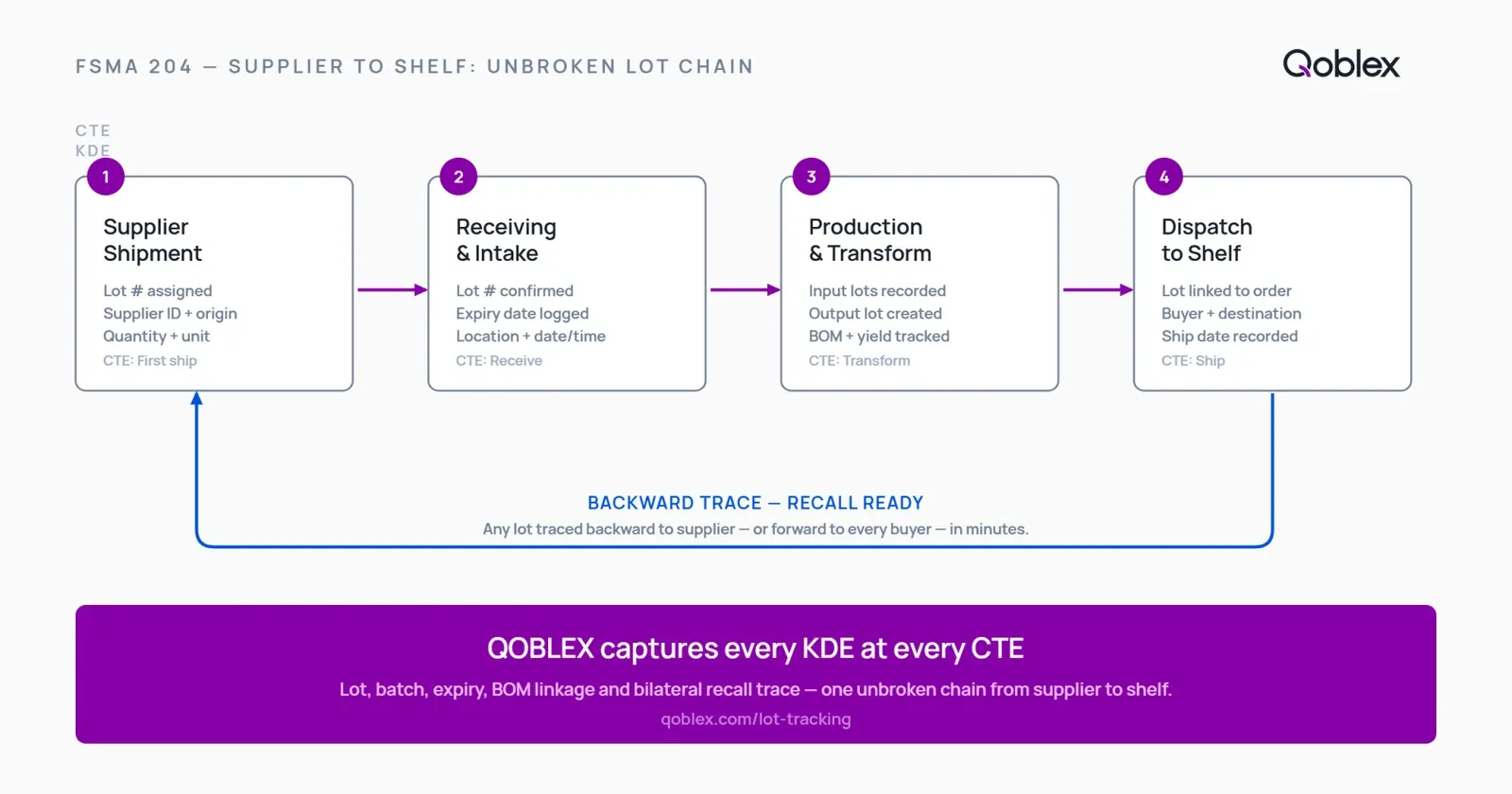 Diagram of the supplier-to-shelf traceability chain showing three stages: lot capture at receiving, BOM production linkage connecting raw-material lots to finished batches, and dispatch recording which lots shipped on which order, with Qoblex as the connecting system across all three seams.