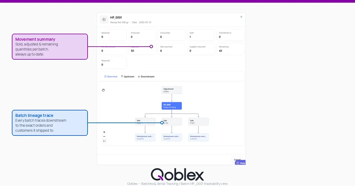 Screenshot of Qoblex batch and serial tracking: the detail view for a product batch showing its movement summary (received, produced, sold, adjusted, remaining) and a downstream traceability graph that follows the batch to the exact sales orders and customers it shipped to