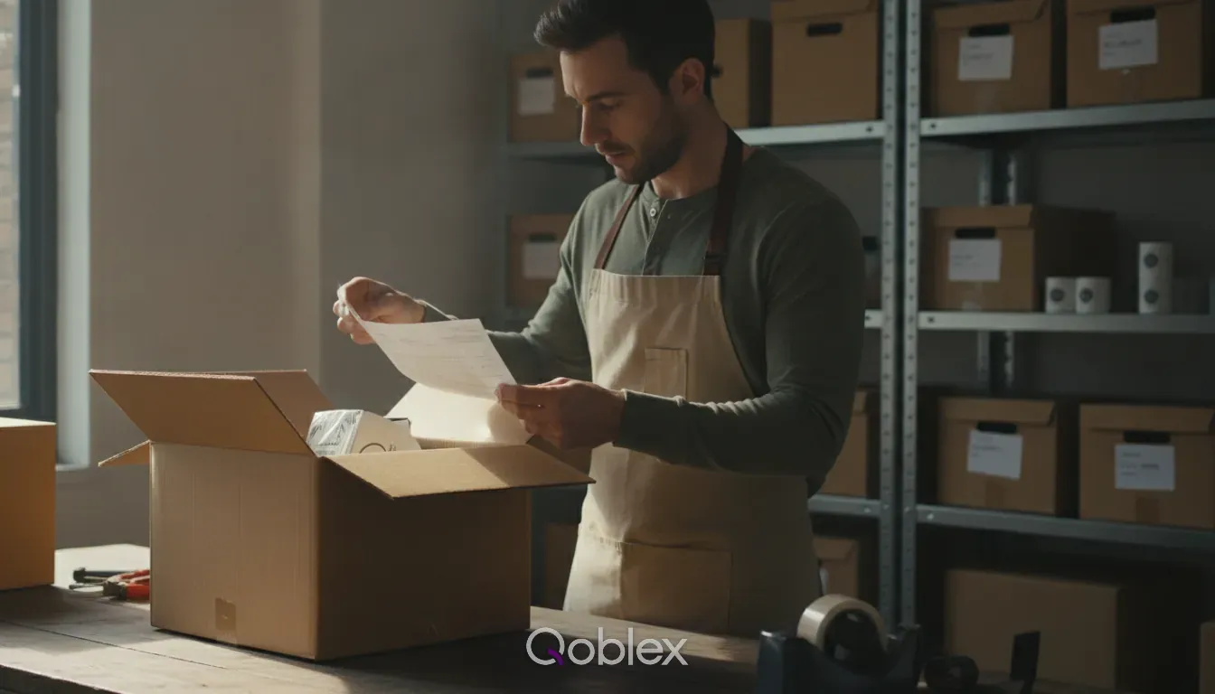 A small ecommerce operator checking a freshly received supplier shipment against the printed packing slip, the moment a purchase order lands at a new price and Shopify's Cost per item field needs updating.