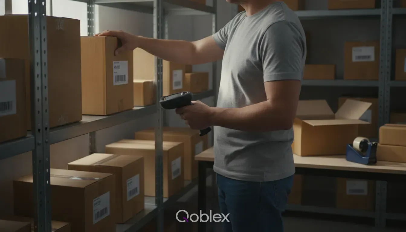 A warehouse operator scans a product barcode while picking items for a shipment in a small stockroom, the moment pick and pack software is built to get right.