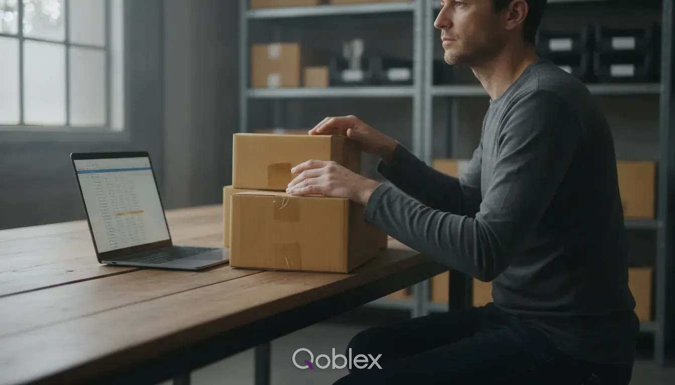 A small-business operator works at a desk with both an invoice on screen and inventory boxes within reach, the everyday overlap between accounting and stock that this guide is about.