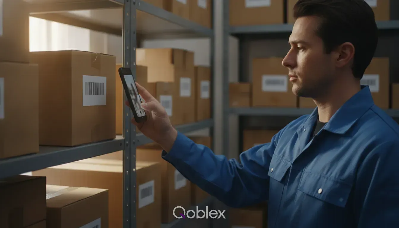 An operator holds up a phone to scan a product's barcode on a shelf in a small stockroom, using the phone's own camera instead of a separate handheld scanner.