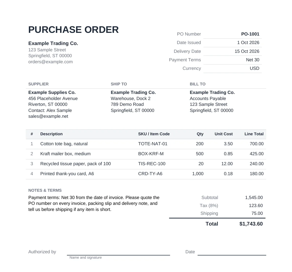 Preview of the free purchase order template showing the PO number, supplier and ship-to fields, a line item table with quantity and unit cost, and a totals section with tax, shipping and grand total.