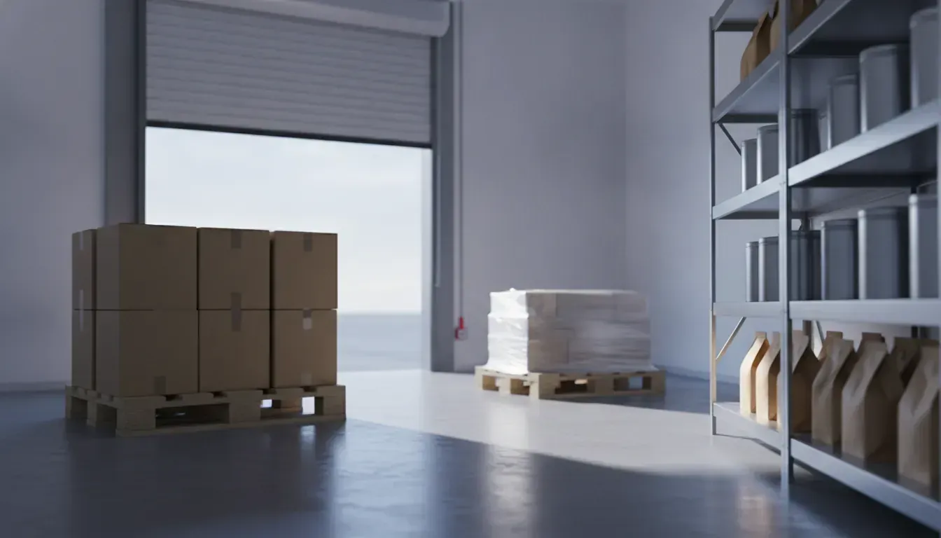 A tidy storeroom bay with a pallet of sealed cartons beside steel shelves of plain tea tins and coffee bags, and a second shrink-wrapped pallet waiting near the open loading door, representing stock moving between warehouses.