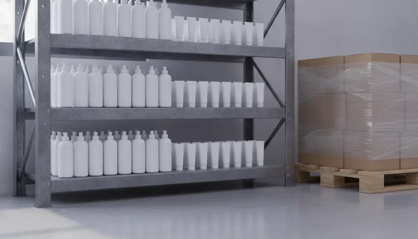 A stockroom shelf with plain skincare bottles and tubes arranged in two groups and a pallet of sealed cartons at the end, representing stock held in separate warehouses for different sales channels.