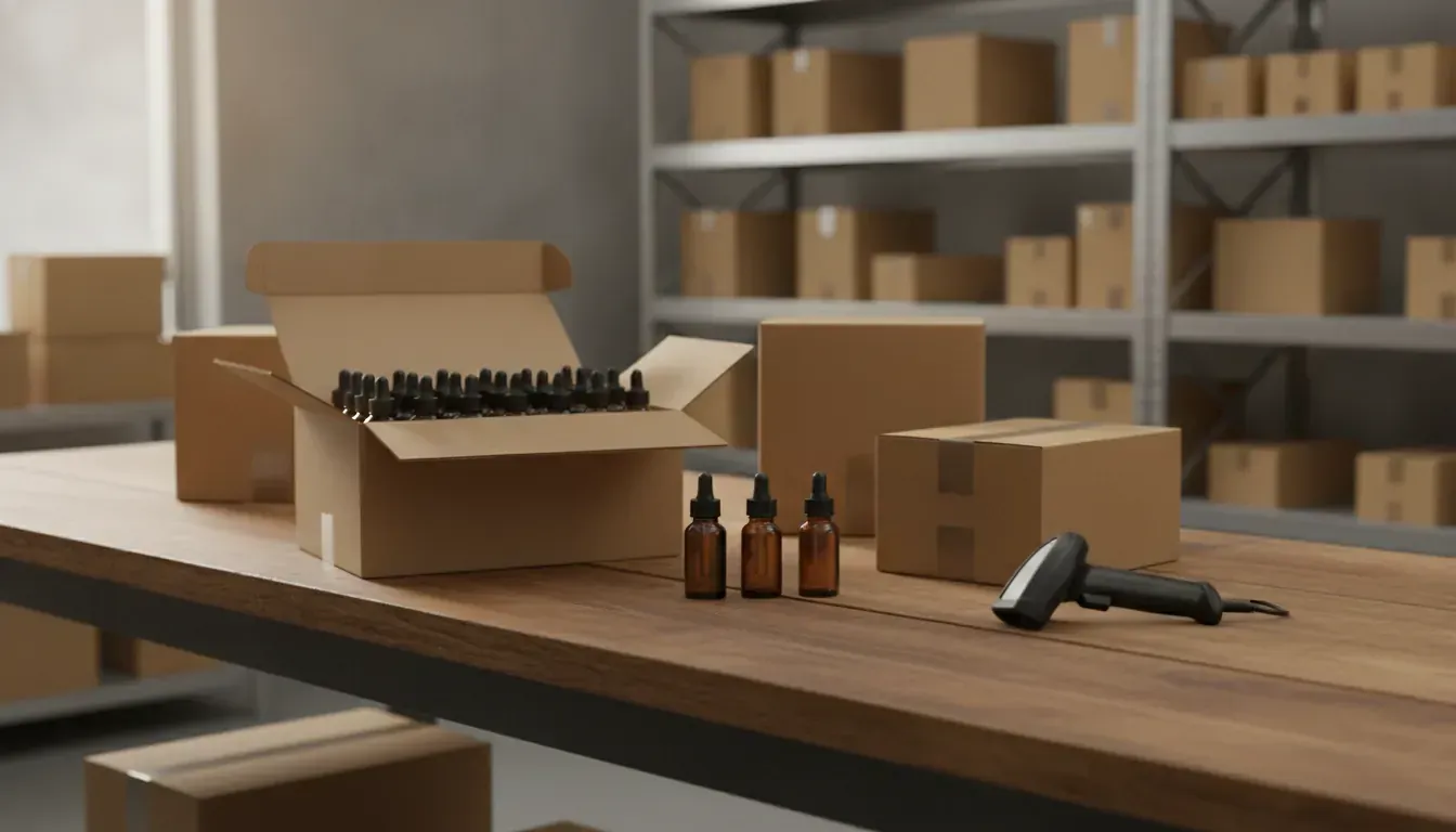 A cosmetics importer's receiving bench with plain unbranded cartons, one partly opened to show dropper bottles of serum, and a handheld barcode scanner, in soft daylight.