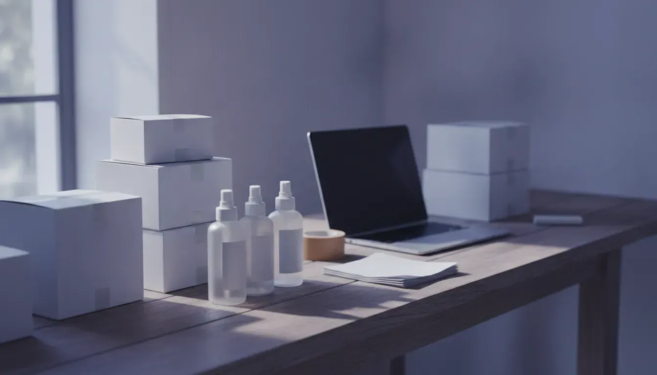 Plain white unbranded cartons and frosted spray bottles on a wooden packing bench beside a laptop and a roll of tape, in cool window light, for a skincare brand's wholesale orders.