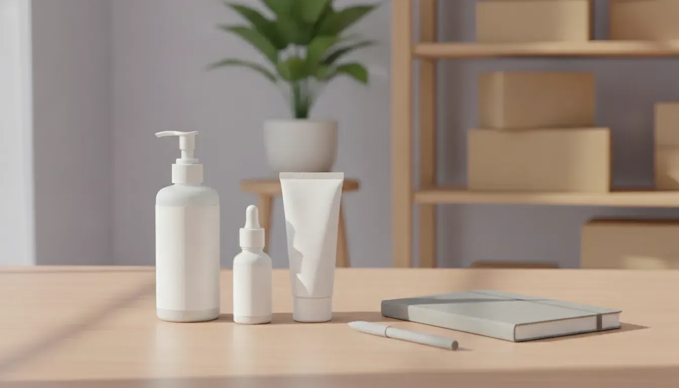 Plain unbranded cleanser and serum bottles beside a closed notebook and a pen on a calm work surface in soft daylight.