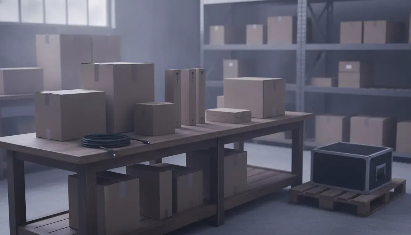 A distributor's warehouse bench with plain boxed professional audio-visual equipment, a coiled cable and a rack case on a pallet, ready for receiving and costing.