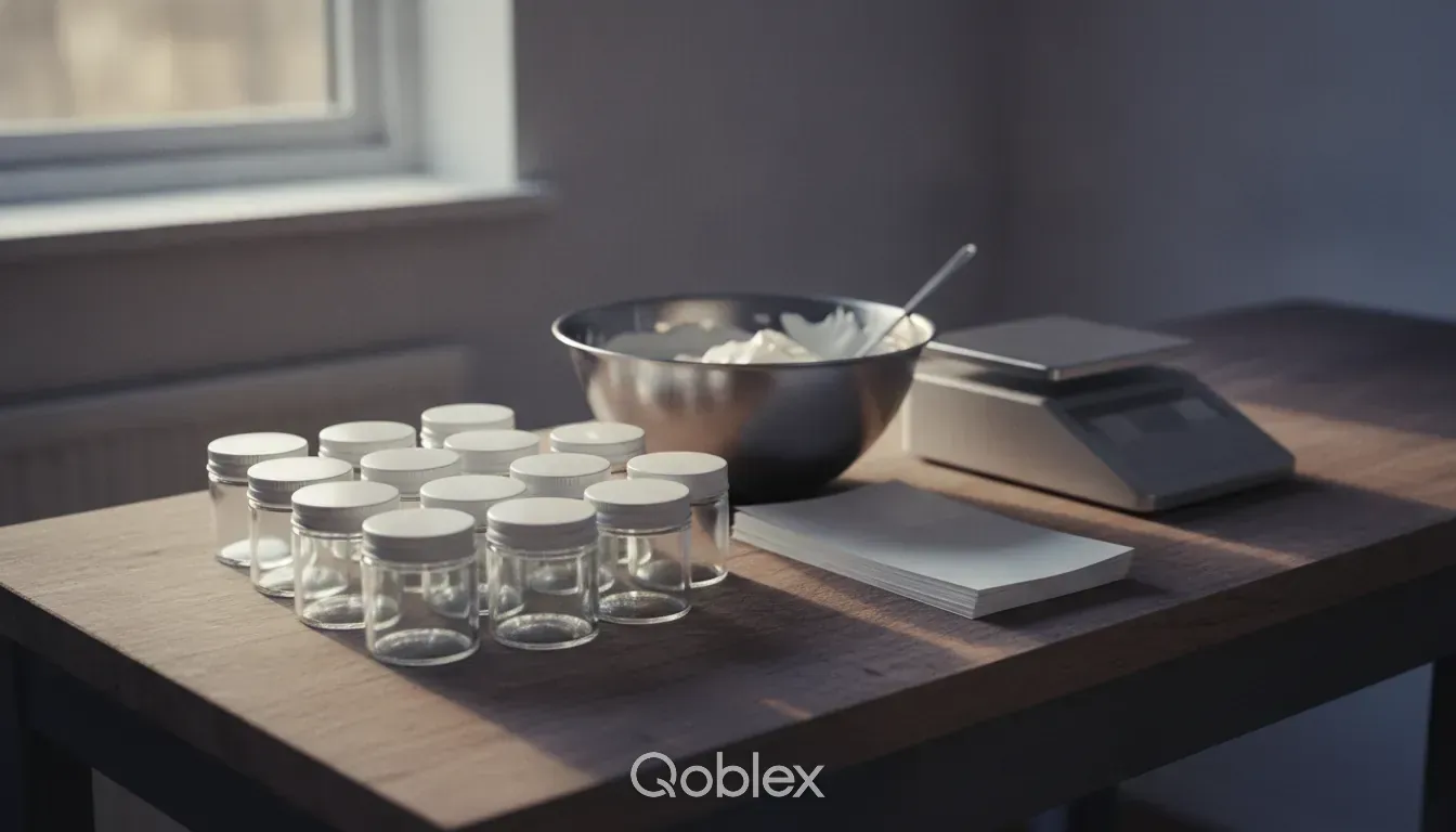 A small skincare maker's workbench with empty glass jars, a bowl of white cream base and a sheet of blank labels, ready for a production batch.