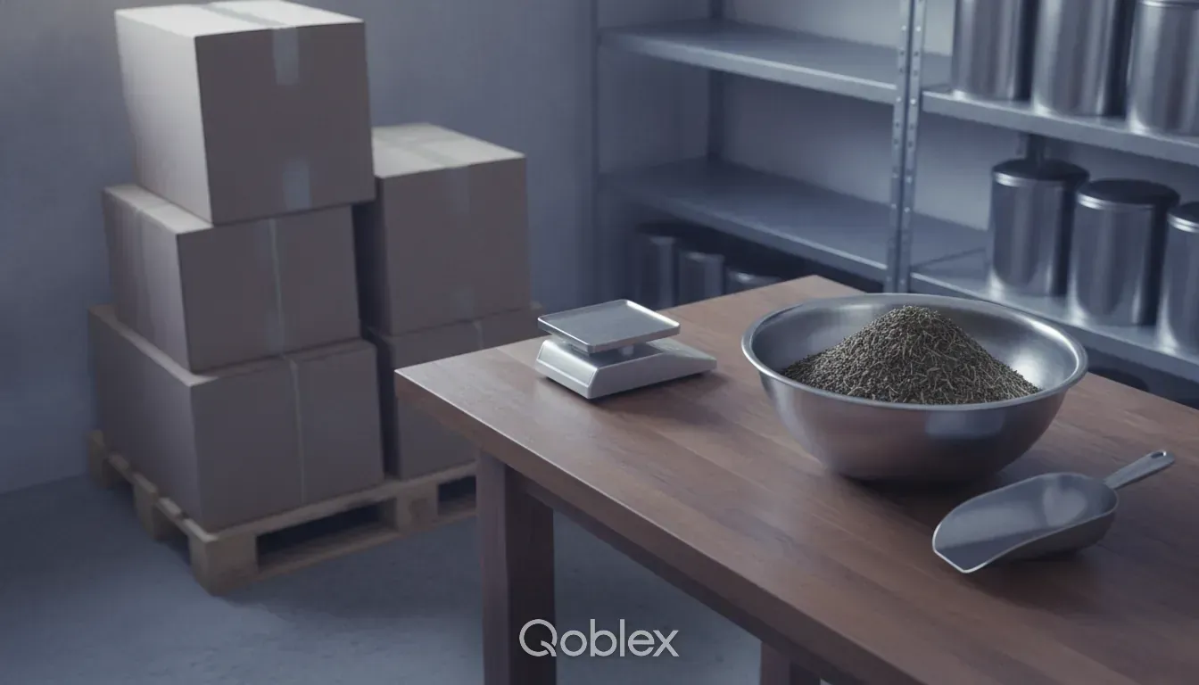 A tea blending and packing room with a steel bowl and scoop on a wooden bench and plain sealed cartons on a pallet, ready to ship to wholesale agents.