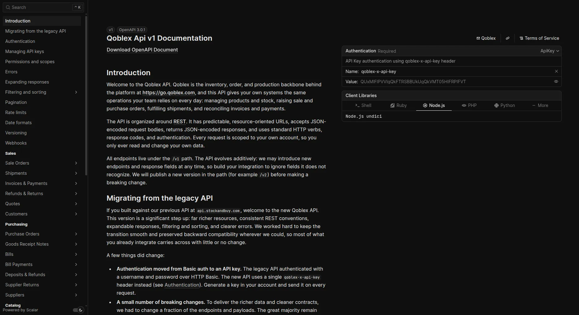 The Qoblex API v1 reference: the introduction beside an authentication panel showing the qoblex-x-api-key header, client library snippets for Shell, Ruby, Node.js, PHP and Python, and a sidebar listing sale orders, shipments, invoices, purchase orders and the rest of the resources