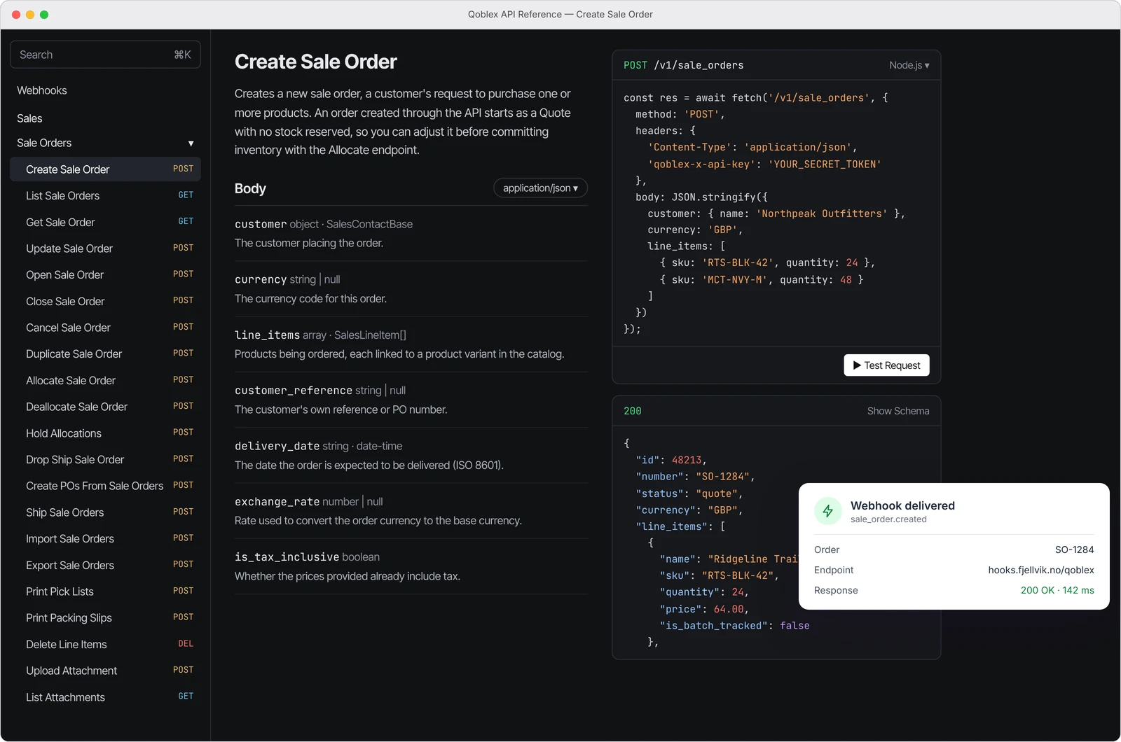 La référence de l’API Qoblex pour créer une commande client, avec la requête et sa réponse